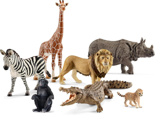 Schleich Wild Life - 7 PC Safari Animals Figurines Set with Lion, Giraffe, Zebra, Monkey, Rhino, Cheetah Cub Toys - Realistic Animal Figures Playset for Boys and Girls Ages 3+ - 77587