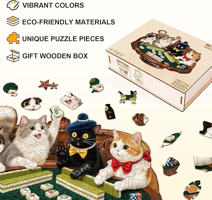 Cats Mahjong Puzzles Adults Gifts Wooden 145 Pieces, Jigsaw Puzzles for Adults Unique Animal Shape Wood Puzzle Birthday for Puzzle Lovers, 11.4 * 8.8in