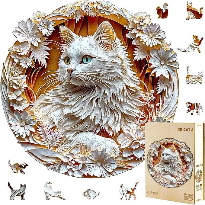 Wooden Puzzles Adults, 3D Cute Cat Wooden Puzzles 300 Pieces, Unique Animal Shaped Wood Challenging Jigsaw Puzzles Gifts for Adults, 13.4x13.4in