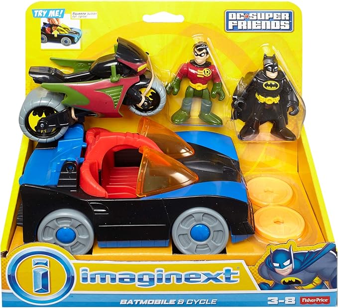 Fisher-Price Imaginext DC Super Friends Preschool Toy Batman Batmobile & Cycle Vehicle Set, 2 Figures, for Pretend Play Kids Ages 3+ Years