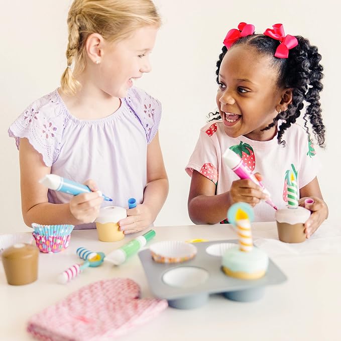 Melissa & Doug Bake & Decorate Wooden Cupcake Kit, with Play Food, Toppings & Play Kitchen Accessories, Preschool Learning Toys for Girls & Boys 3+