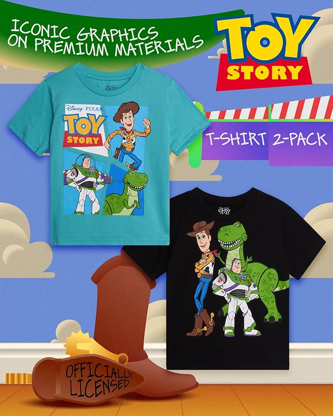 Disney Cars Toy Story Boys Shirts - 2 Pack Lightning McQueen Buzz Lightyear Short Sleeve Boys Tees for Toddler and Little Boy