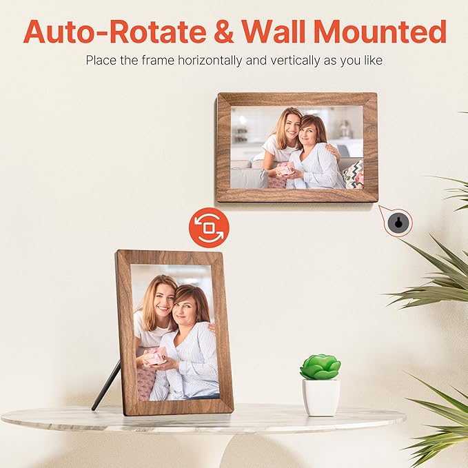 Frameo 10.1" Digital Picture Frame with 32GB Memory WiFi Electronic Photo Frame Wood 1280 x 800 IPS Touch Screen Auto-Rotate Slideshow Wall Mountable Share Photos/Video Remotely Anywhere