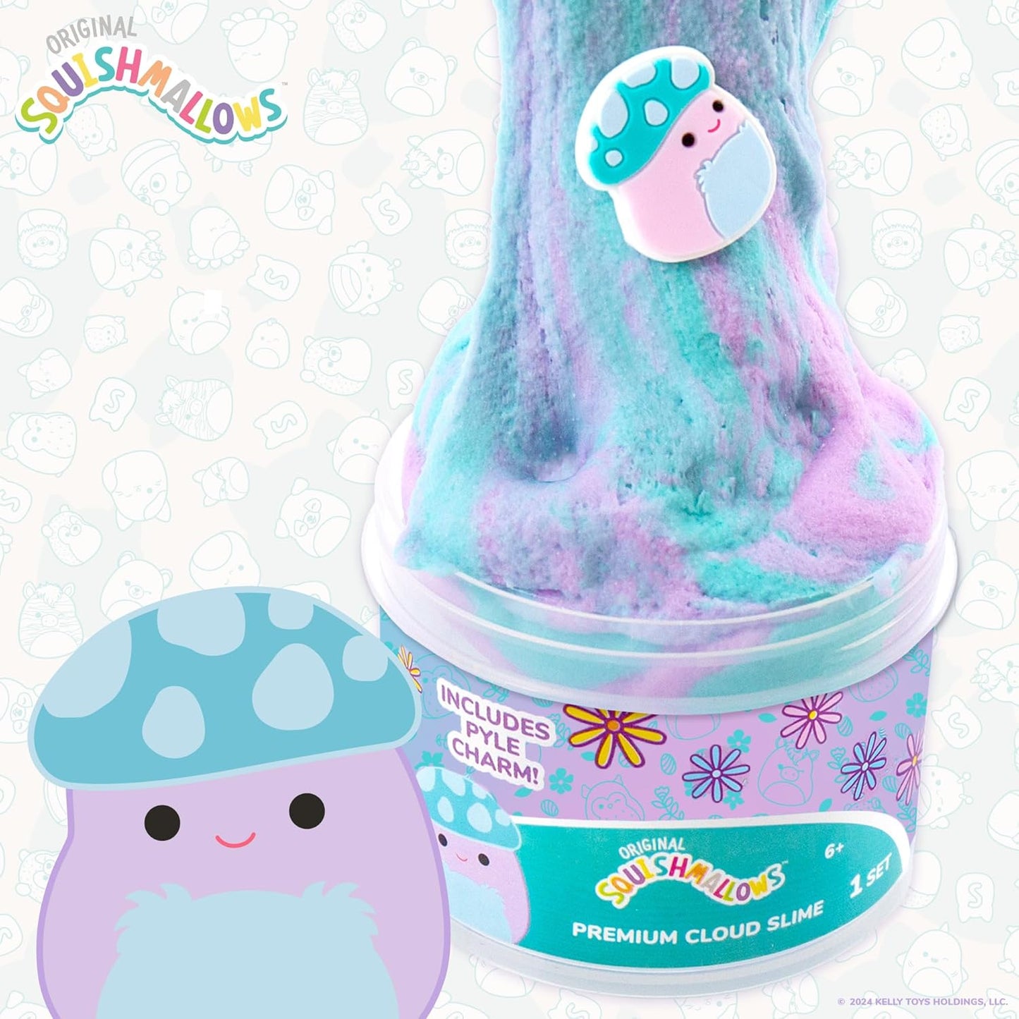 Original Squishmallows Pyle The Mushroom Premium Cloud Slime, Grape Scent, 8 oz. Jar Storage Container with Figurine Topper, Rubber Charm, Goodie Bags Stuffers, Kids Party Favors, Sensory Toys