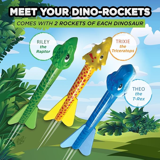 Stomp Rocket Dino-Soar Rocket Refills, 6 Rockets - Replacement Dinosaur-Themed Soft Foam Rockets for Launcher - Fun Backyard & Outdoor Kids Toys Gifts for Boys & Girls