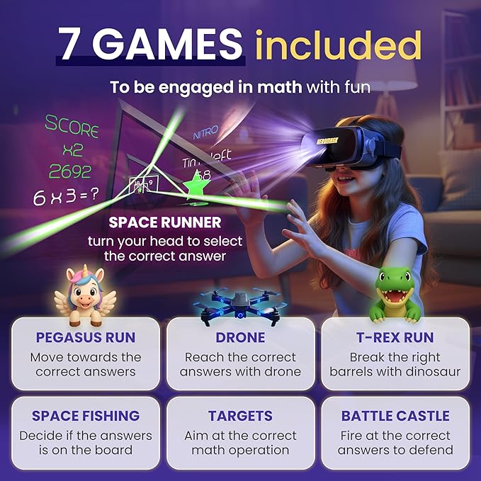 VR Headset + Math Games [Multiplication Subtraction etc] Virtual Games: Gift for Boys & Girls. Cool Educational Toys for Kids 5 6 7 8… Years Old. Virtual Reality Learning Resources Grade 1 2 3 4…8