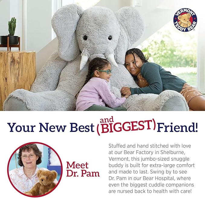 Vermont Teddy Bear Giant Elephant Stuffed Animal - 6 Foot Big Stuffed Elephant Plush from Giant Cuddle Collection - Collectible Plushies for Kids & Adults | Crafted in The USA
