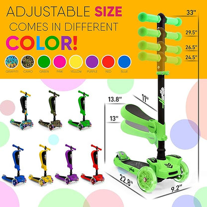 Hurtle 3-Wheeled Scooter for Kids - Wheel LED Lights, Adjustable Lean-to-Steer Handlebar, and Foldable Seat - Sit or Stand Ride with Brake for Boys and Girls Ages 1-14 Years Old