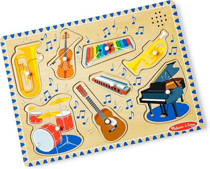 Melissa & Doug Musical Instruments Sound Puzzle - Wooden Peg Puzzle with Light-Activated Sound Effects (8 pcs) Wooden Peg Baby Music Learning Toys, for Toddlers and Preschoolers Ages 2+