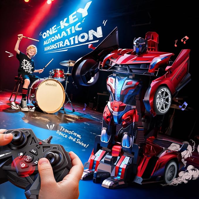 V991 2-in-1 Transform Robot RC Car, 1:10 Large Transform Toys Remote Control Car with Gesture Sensing, One-Key Deformation, LED Lights & Sound Effects, Cool Toy Gift for Boys and Girls 4-6 7 8 9(Red)