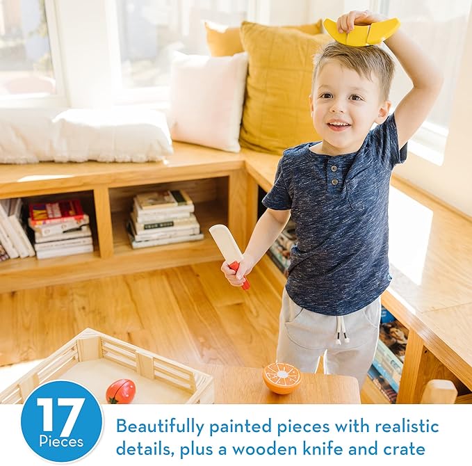 Melissa & Doug Wooden Cutting Fruit Toy Food Set & Pretend Play Kitchen Accessories, Preschool Learning Toys for Girls & Boys 3+