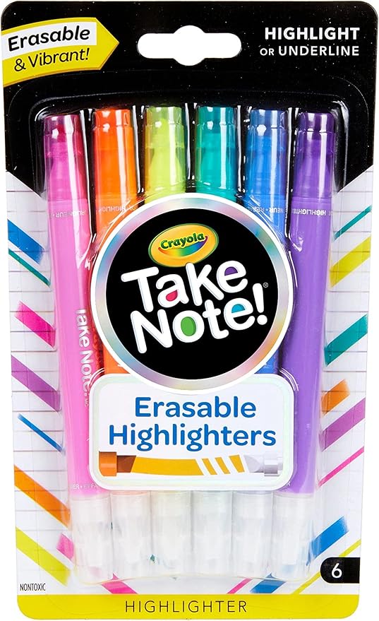 Crayola Take Note Erasable Highlighters (6ct), Assorted No Bleed Highlighters, Chisel Tip Marker Set, For Organizing & Coloring, Gifts