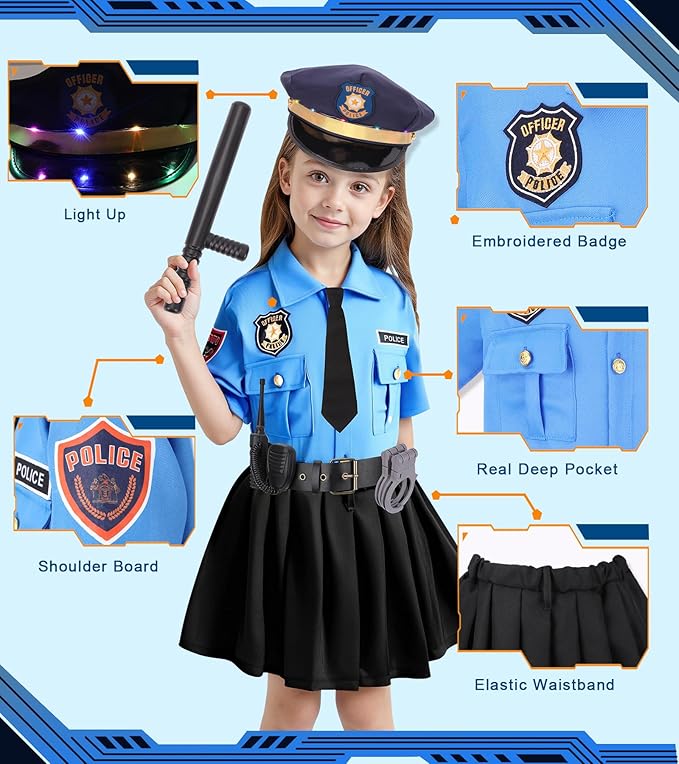 Meland Police Costume for Girls - Girl Dress Up clothes with Skirts for Halloween Role Play