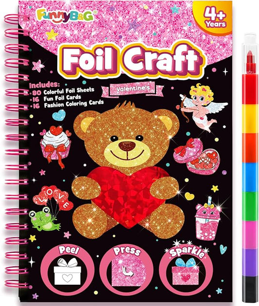 FUNNYB&G Foil Art Craft Activity for Kids - Gift for Girls Boys Crafts for Kids Fun Art Supplies DIY Creative Travel Toy, Birthday Gift Party Favor Toys for Girls 4 5 6 7 8 9 Years Old(Valentine's)