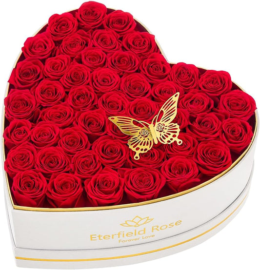 Eterfield 47 Forever Flowers in Heart Shape Box, Preserved Roses That Last a Year Preserved Flowers Birthday Gifts for Her Mom Women Wife Anniversary Valentines Day Mothers Day Christmas, Red