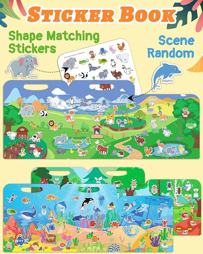 Benresive Reusable Sticker Book for Toddlers 2-4 Years, 3 Sets Travel Stickers for Kids, Waterproof Sticker Books for Toddlers 1-3, Crafts Activities for Todddlers 1-3 2-4 3-5