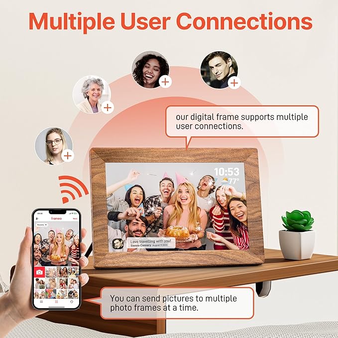 Frameo 10.1" Digital Picture Frame with 32GB Memory WiFi Electronic Photo Frame Wood 1280 x 800 IPS Touch Screen Auto-Rotate Slideshow Wall Mountable Share Photos/Video Remotely Anywhere