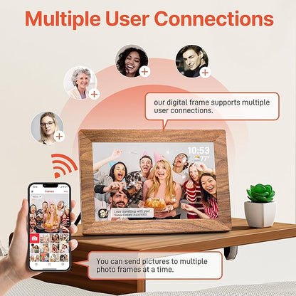 Frameo 10.1" Digital Picture Frame with 32GB Memory WiFi Electronic Photo Frame Wood 1280 x 800 IPS Touch Screen Auto-Rotate Slideshow Wall Mountable Share Photos/Video Remotely Anywhere