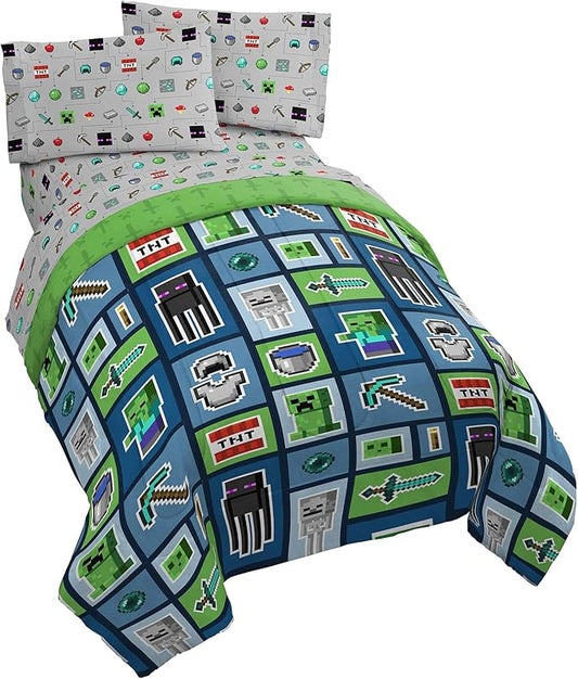 Jay Franco Minecraft Monster Hunters 5 Piece Queen Bed Set - Includes Reversible Comforter & Sheet Set - Bedding Features Creeper - Super Soft Fade Resistant Microfiber (Official Minecraft Product)