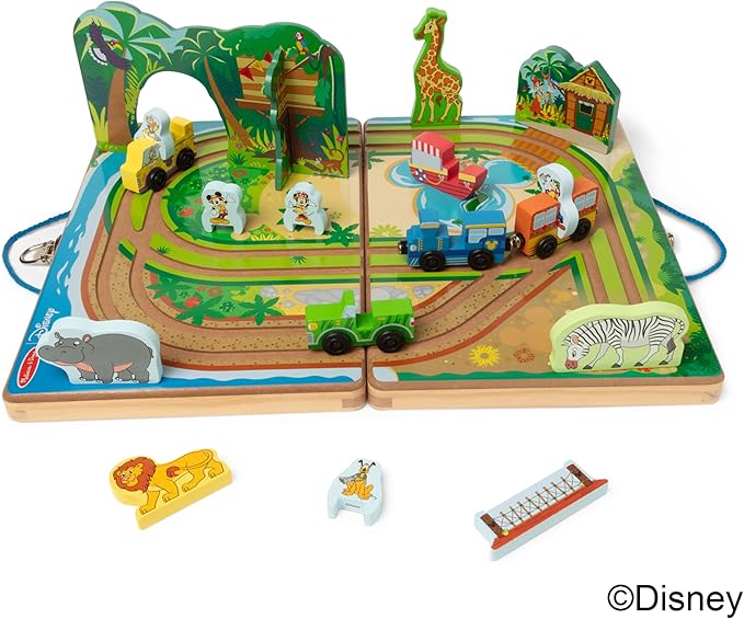 Melissa & Doug Disney Take-Along Safari Adventure Wooden Play Set with Built-in Tracks – 20 Pieces | Mickey Mouse, Minnie, Wooden Toy for Boys and for Girls 3+ - FSC Certified
