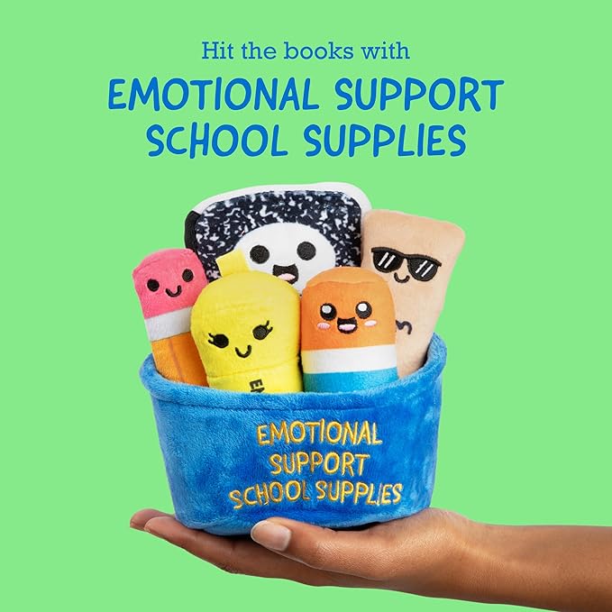 Emotional Support School Supplies Plush by Relatable - Cute Stuffed Animals and Squishy Toys, Fun Gift Ideas for All Ages, and Your Favorite Teacher - Includes 5 Plushies with Carrying Basket