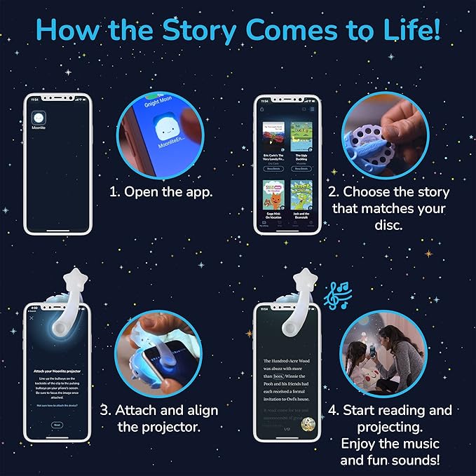 Moonlite Storytime Mini Projector with 4 Fairy Tale Stories, A Magical Way to Read Together, Digital Storybooks, Fun Sound Effects, Learning Gifts for Kids Ages 1 and Up