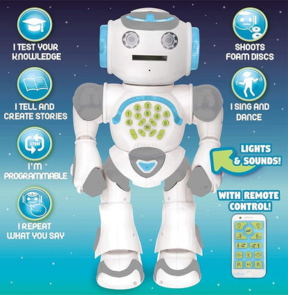 LEXiBOOK Powerman Max - Remote Control Walking Talking Toy Robot STEM Programmable Dances Sings Telling 10,000 Stories 300+ Learning Quiz Shooting Discs and Voice Repeat for Kids 4+ - ROB80EN, White
