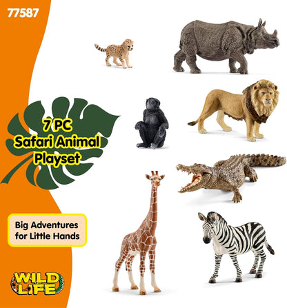 Schleich Wild Life - 7 PC Safari Animals Figurines Set with Lion, Giraffe, Zebra, Monkey, Rhino, Cheetah Cub Toys - Realistic Animal Figures Playset for Boys and Girls Ages 3+ - 77587