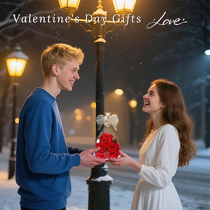 Preserved Flowers Rose Gifts for Women,Eternal Roses Forever Flower in Glass Angel Figurines for Delivery Prime Birthday Mother's Day for Girlfriend Grandma Wife Sister Daughter Valentine Christmas