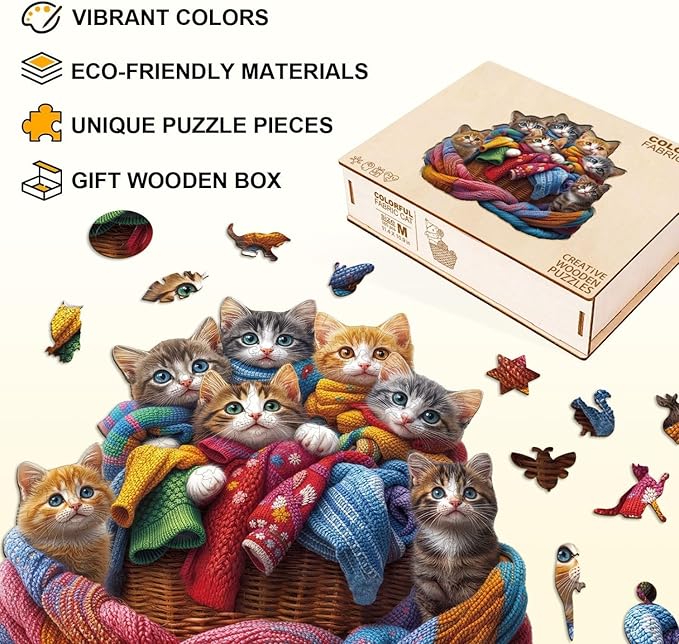 Colorful Fabric Cat Wooden Puzzles for Adults, Jigsaw Puzzles Unique Animal Shape Wood Puzzle Birthday for Women Friends Family, 185 Pieces 11.4 * 10.9in