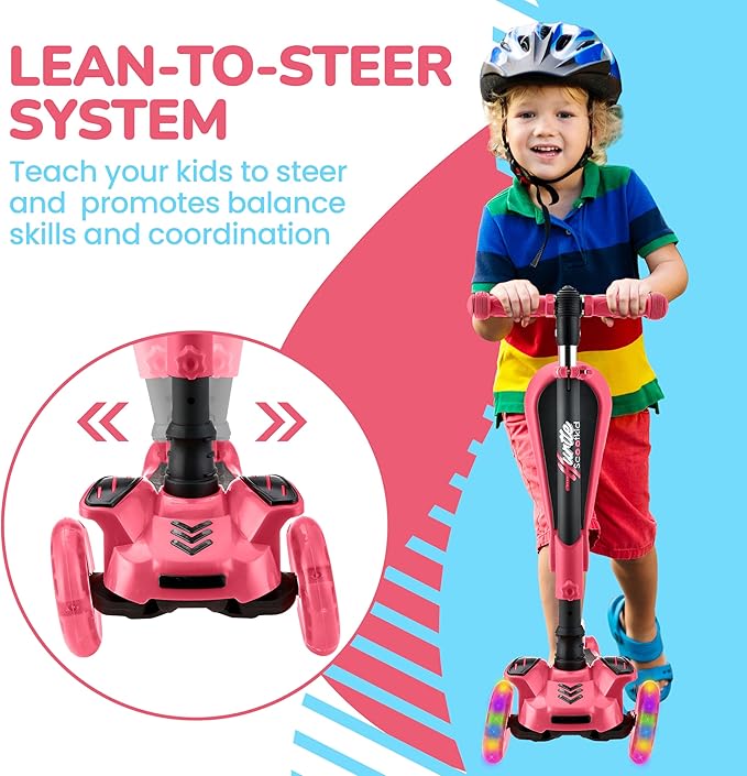 Hurtle 3-Wheeled Scooter for Kids - Wheel LED Lights, Adjustable Lean-to-Steer Handlebar, and Foldable Seat - Sit or Stand Ride with Brake for Boys and Girls Ages 1-14 Years Old