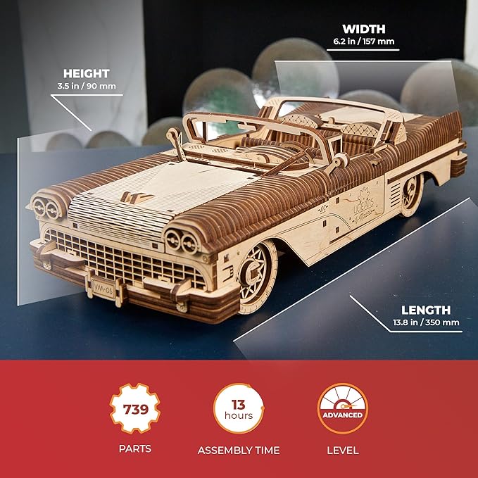 UGEARS Dream Cabriolet VM-05 Wooden 3D Puzzles for Adults - 3D Wooden Puzzles for Adults - Mechanical Model Car Kit - Retro 1950s Inspired DIY Craft, 3D Puzzle