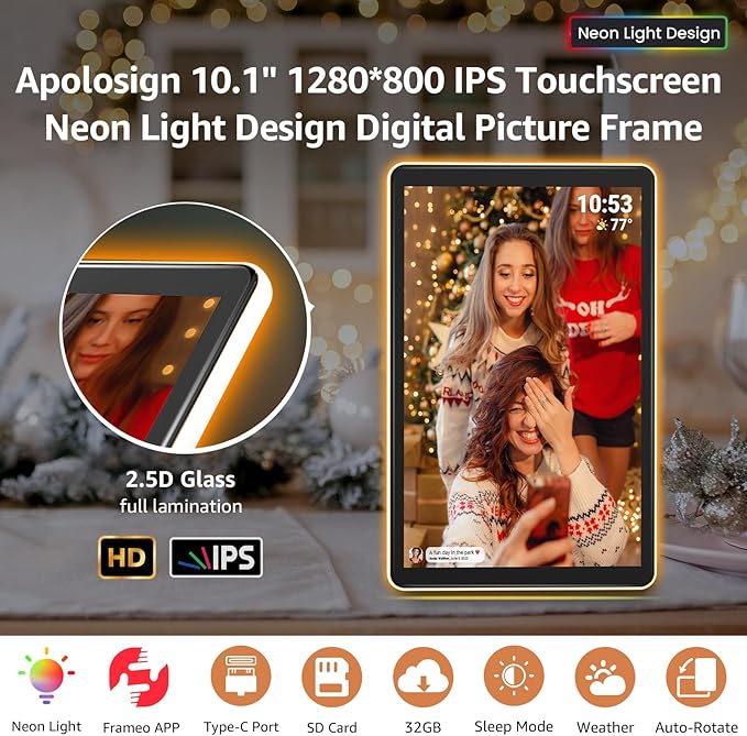ApoloSign Neon Light Digital Picture Frame - 10.1" HD Display | AI Color-Changing LED Strip Digital Photo Frame | Quick Share Photos/Videos, Easy Setup in Frameo App | Best Digital Frame for Gifting