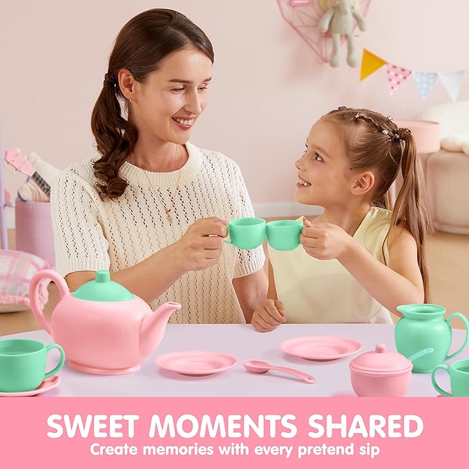 JOYIN 18PCS Pretend and Play Tea Party Set, Plastic Tea Set, Mini Kitchen for Kids, Gifts for Toddler Boys Girls Ages 3 4 5 6 Years Old