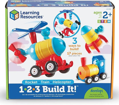 Learning Resources 1-2-3 Build It! Rocket-Train-Helicopter - 17 Pieces, Ages 2+, Creative Thinking, Toddler Building, STEM, Early Engineering Toys