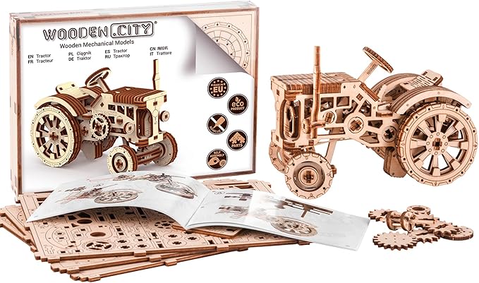 WOODEN.CITY Tractor 3D Puzzles for Adults – Mechanical Farm Tractor Model for Adults & Teens, 148-Piece DIY Kit with Moving Wheels, Made in EU