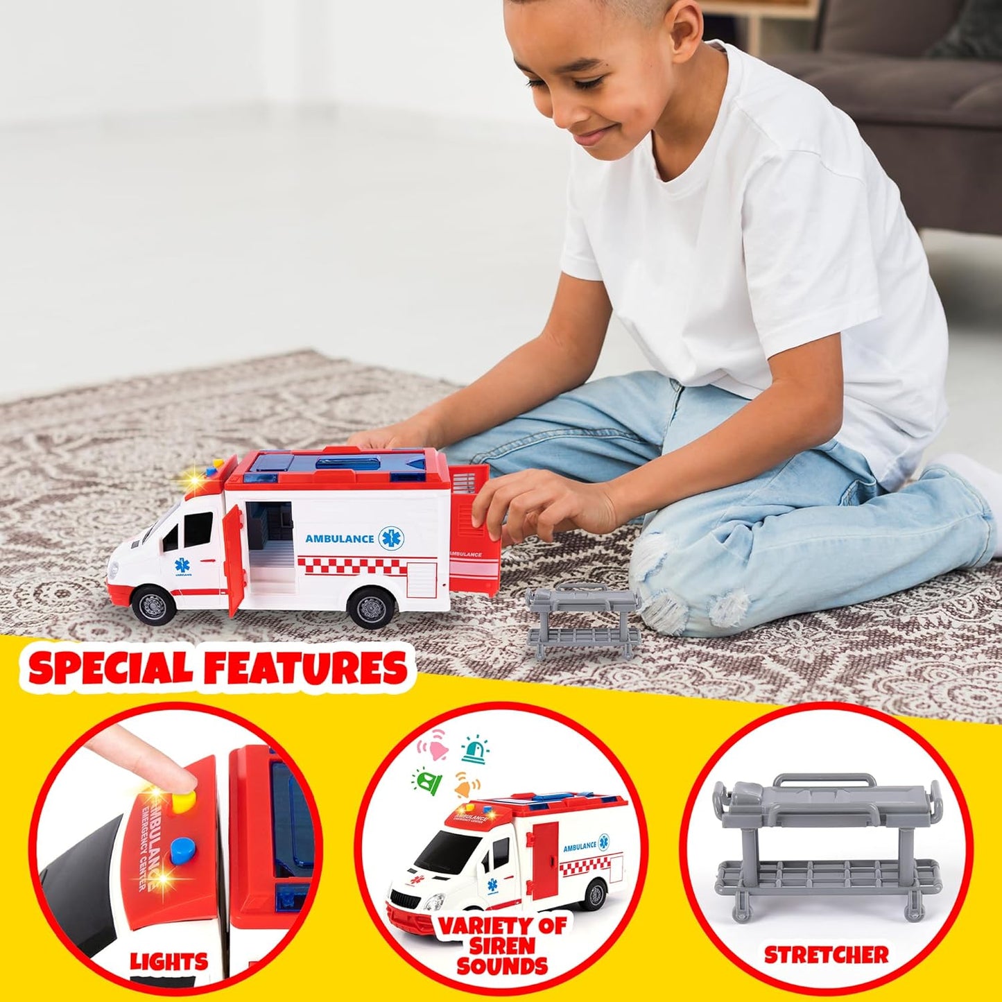 ArtCreativity Ambulance Toy Truck for Kids, Lights & Siren, Friction-Powered 1/16 Scale Rescue Toy Ambulance, Emergency Vehicle Ambulance Toys for Kids 3-8 with Removable Stretcher, Doors Open