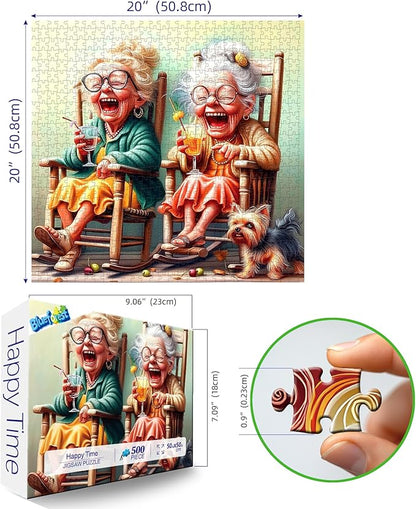 Puzzles for Adults 500 Pieces Vibrant Friendship Cozy Rocking Chairs Jigsaw Puzzles Yorkshire Terrier & Colorful Cocktails Wall Decor for Living Room Bedroom for Nature Lovers