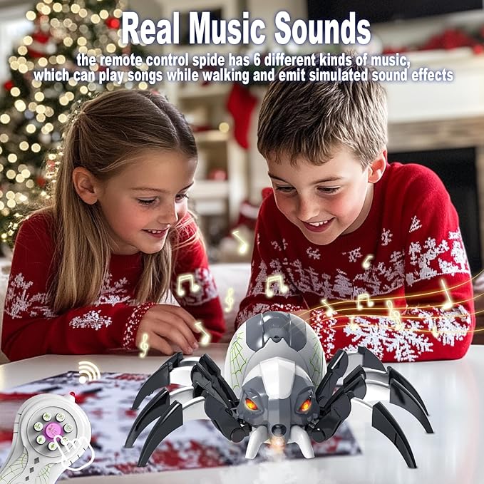 DEERC 128A Remote Control Spider, RC Moving Spider Robot Toys for Kids, Halloween Gifts for Birthday Party Joke Pranks, Wireless Remote Controlled Spider with Real Music Effect & LED Light