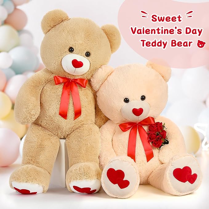 Tezituor Giant Teddy Bear Stuffed Animal 4ft - Big Teddy Bear with Love Red Heart - Brown Large Stuffed Bear Plush Toys for Kid Christmas Birthday - Bear Gift for Girlfriend
