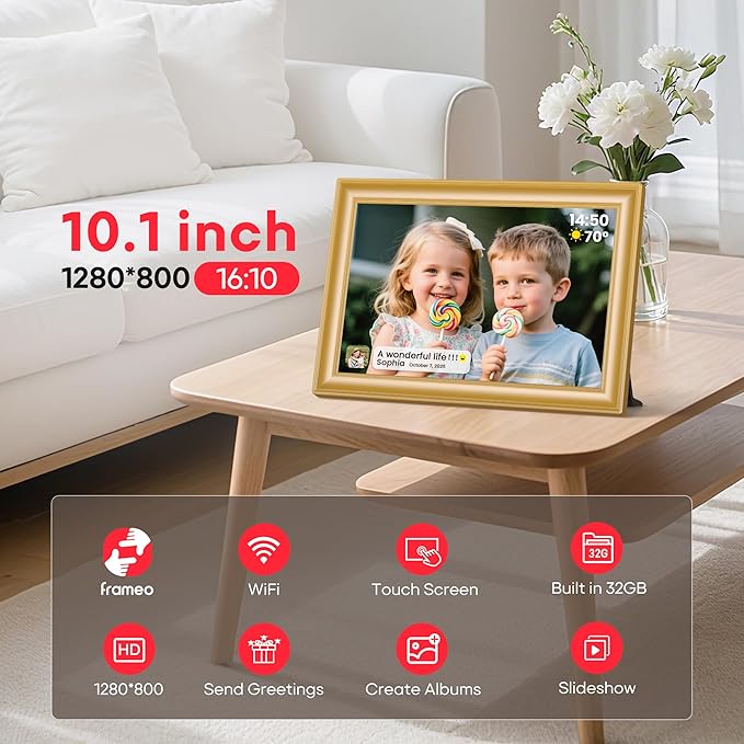 Frameo 10.1" WiFi Digital Picture Frame with 32GB Memory, 1280 x 800 IPS HD Touch Screen Electronic Photo Frame, Auto-Rotate, Slideshow, Wall Mountable, Share Photos/Video Remotely Anywhere