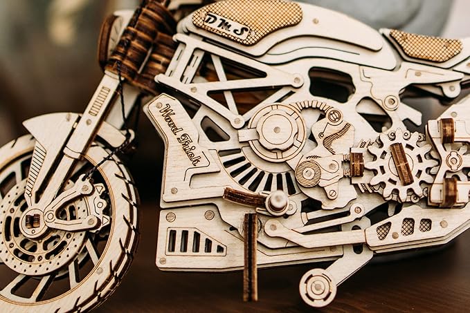 Wood Trick Motorcycle w/Rubber Band Motor Rides up to 16ft - Mechanical Model Kits for Adults - 10x4in - 3D Wooden Puzzles for Adults - Engineering DIY 3D Puzzle Wooden Models