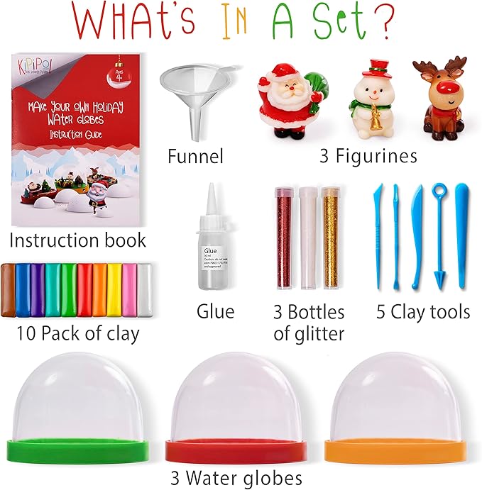 Make Your Own Holiday Water Globe Kit – 3X DIY Snow Globe Making Kit w/ 3 Figures, 10 Packs of Modeling Clay for Sculpting, Crafts for Girls Ages 4-6, Arts and Crafts for Kids Ages 4-6-8-12