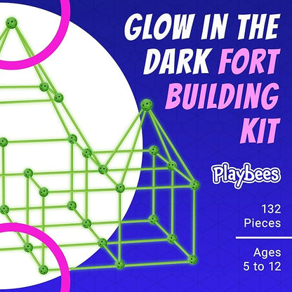 Playbees Glow in The Dark Fort Building Kit – 130 PCS STEM Toy for Kids Ages 4–12 – Build Tents, Castles & Rockets – Creative Building Set & Great Gift
