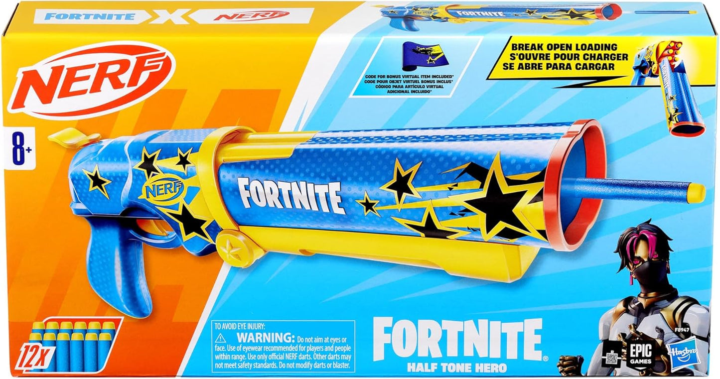 Nerf Fortnite Half Tone Hero Blaster, Bonus Code to Unlock Half Tone Hero Wrap in The Game, Break Open Loading, 12 Nerf Elite Darts, Fortnite Gifts