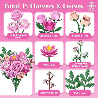 Pink Rose Bouquet Flowers Building Set, 834Pcs Roses Artificial Flowers Botanical Collection Compatible with Lego Flowers for Adults Valentines Day Gifts for Her Women Wife Girlfriend Mom