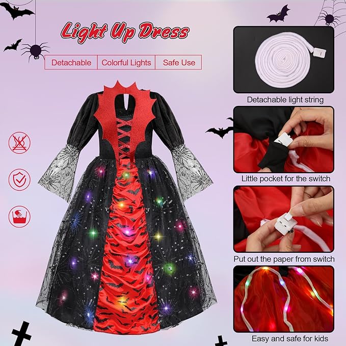 Meland Vampire Costume for Girls, Light up Halloween Costumes for Kids & Toodlers Aged 4-14 Years Old