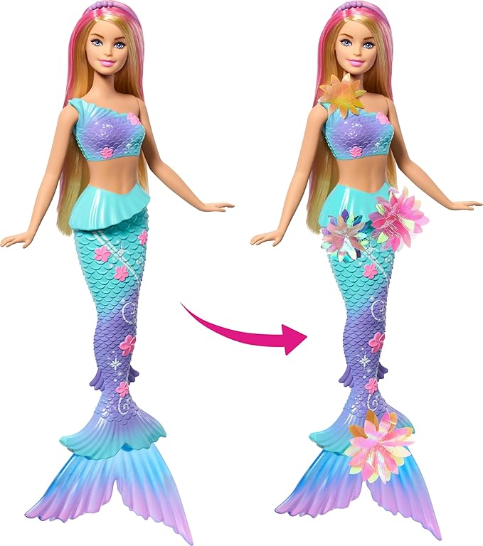 Barbie Mermaid Toy Dolls with Surprise Magic Blooming Flowers Feature, Ombre Tails, Pearl Headband Accessory & Long Blonde Hair with Pink Highlights