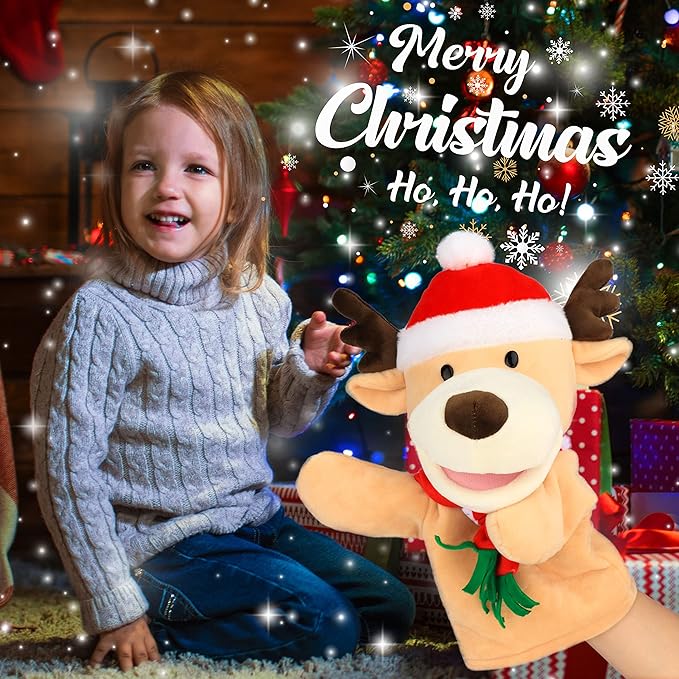 Hopearl Plush Christmas Elk Hand Puppet Reindeer with Open Movable Mouth for Imaginative Play, Role Play, Interactive Toy for Storytelling Teaching Puppet Theater, Gifts for Kids, Brown, 13.5''