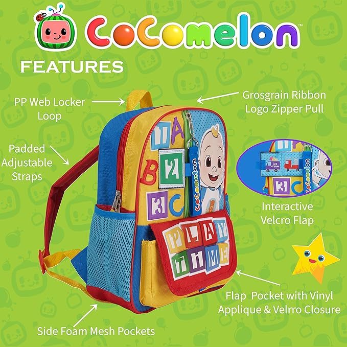 AI ACCESSORY INNOVATIONS Cocomelon JJ's Playtime Interactive Mini Backpack for Boys and Girls, Pre school Schoolbag with Padded Back and Adjustable Straps, Versatile 12 inch